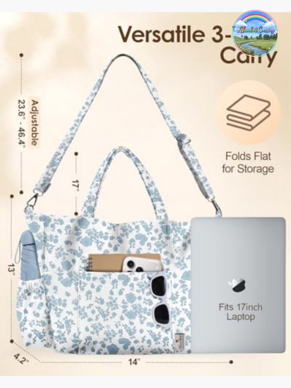 Corduroy Tote Bag with Multi-Pockets and Zipper, Large Travel Work Bag - Picture 6 of 7